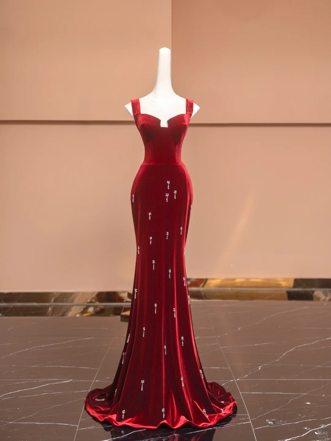 Burgundy Mermaid Straps Beaded Velvet Long Prom Dress Party Dress SH4370