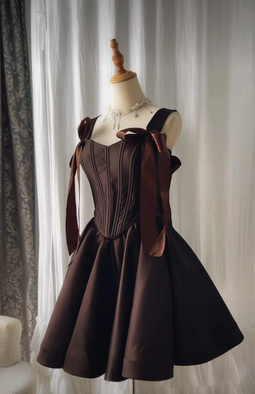 Brown A Line Straps Satin Short Homecoming Dress Outfits SH4834