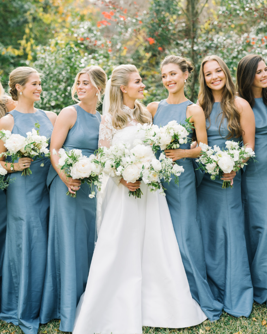 Blue Mermaid Round Neck Satin Back Bow Long Bridesmaid Dress SH6300