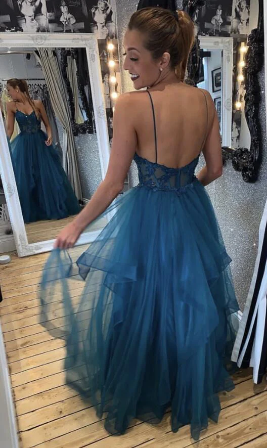 Blue Tulle Lace Appliques Long Prom Dress Evening Dress SH1114