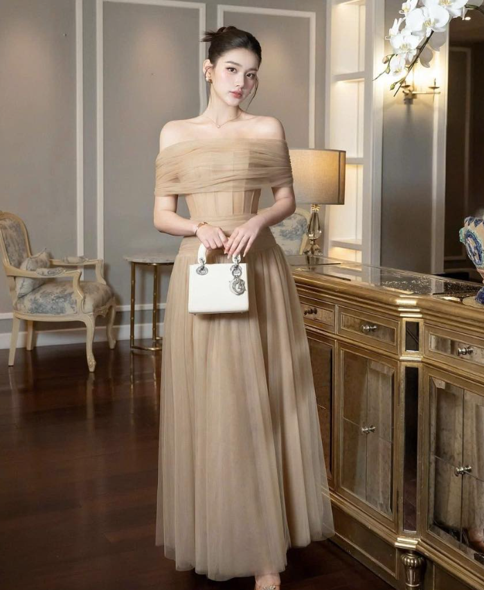 Simple A Line Off the Shoulder Mocha Tulle Long Prom Dress Evening Dress SH4671