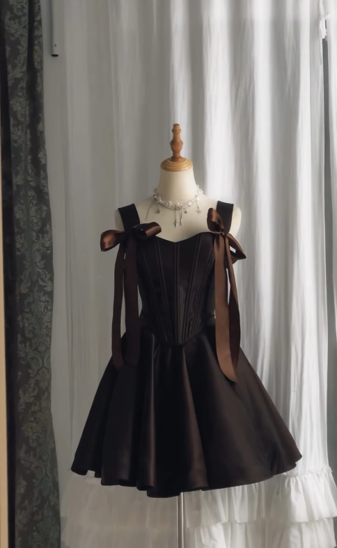 Brown A Line Straps Satin Short Homecoming Dress Outfits SH4834