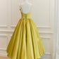 Simple Spaghetti Strap Bow Yellow Satin Tea Length Homecoming Dress SH1742