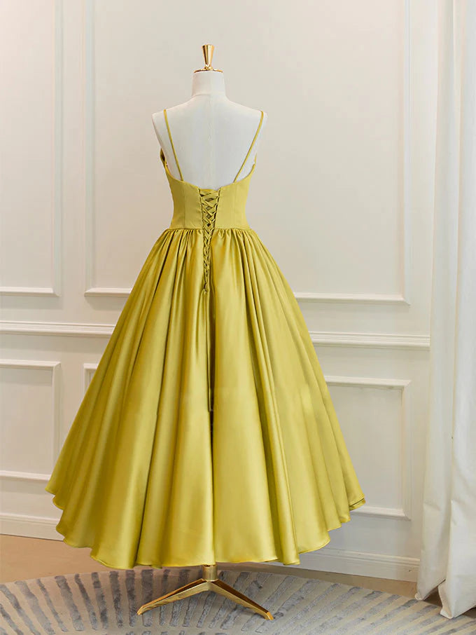 Simple Spaghetti Strap Bow Yellow Satin Tea Length Homecoming Dress SH1742