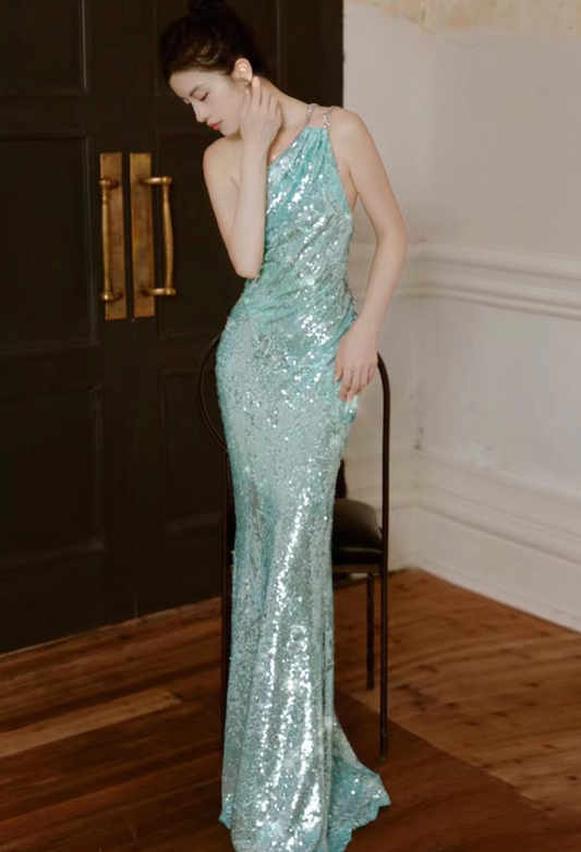 Charming Blue Sheath One Shoulder Sequin Long Prom Dress Formal Dress SH4179