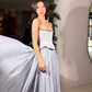 High-class Light Grey A Line Straps Beaded Satin Prom Dress Evening Dress SH6755