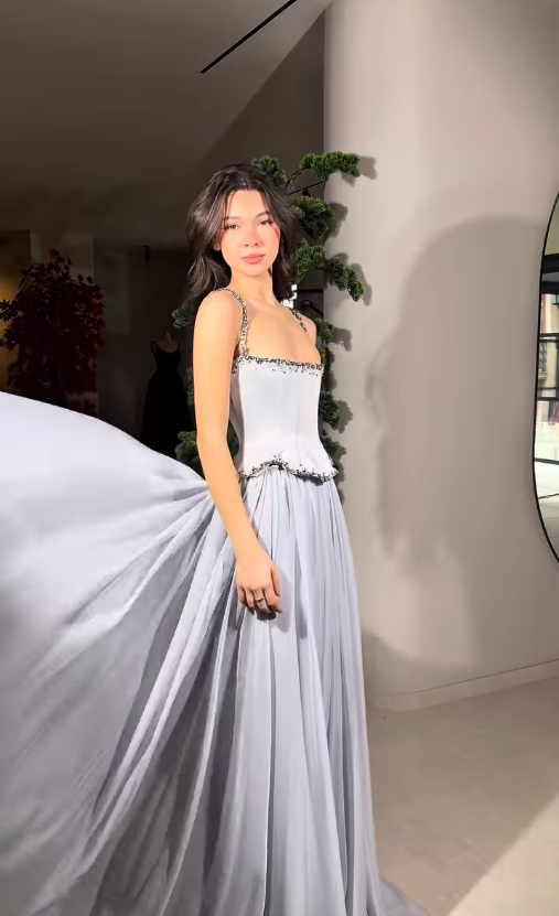 High-class Light Grey A Line Straps Beaded Satin Prom Dress Evening Dress SH6755
