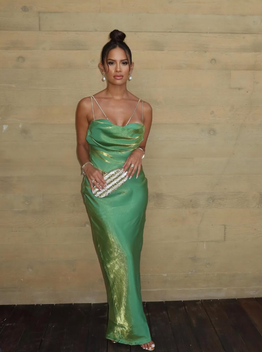 Stunning Green Sheath Spaghetti Strap Satin Long Prom Dress Party Dress SH3967