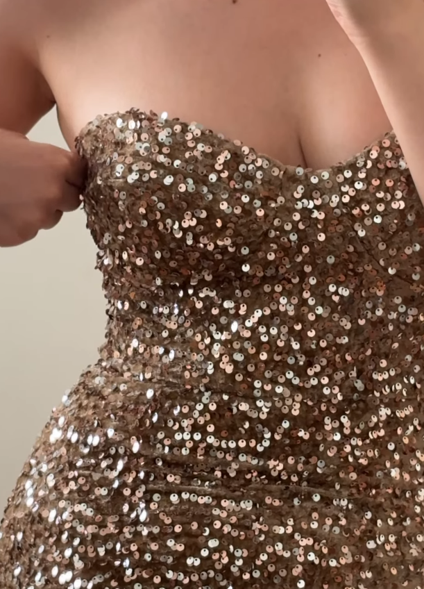 Shiny Gold-brown Mermaid Strapless Sequin Velvet Prom Dress Evening Dress SH6831