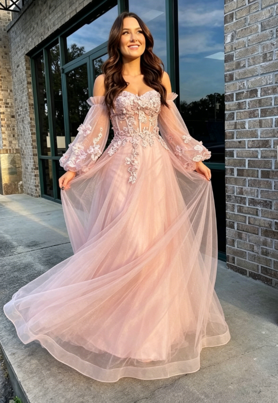 Pink Tulle Strapless Puff Sleeve A-Line Prom Dress SH356