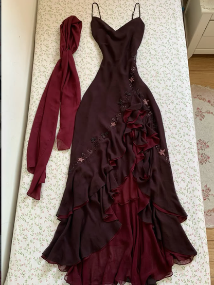 Vintage Mermaid Ruffle Beaded Dark Burgundy Chiffon Prom Dress Party Dress SH7420