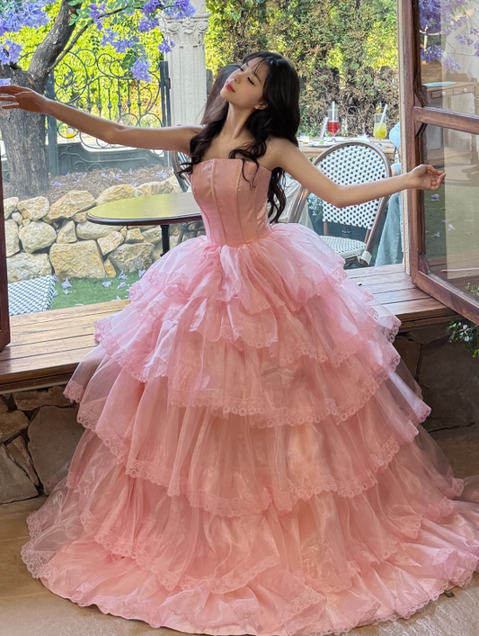 Pink Ball Gown Strapless Corset Layered Organza Prom Dress 16th Birthday Dress SH4088