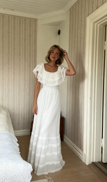 Princess A Line Square Neck White Lace Chiffon Prom Dress Wedding Dress SH7079