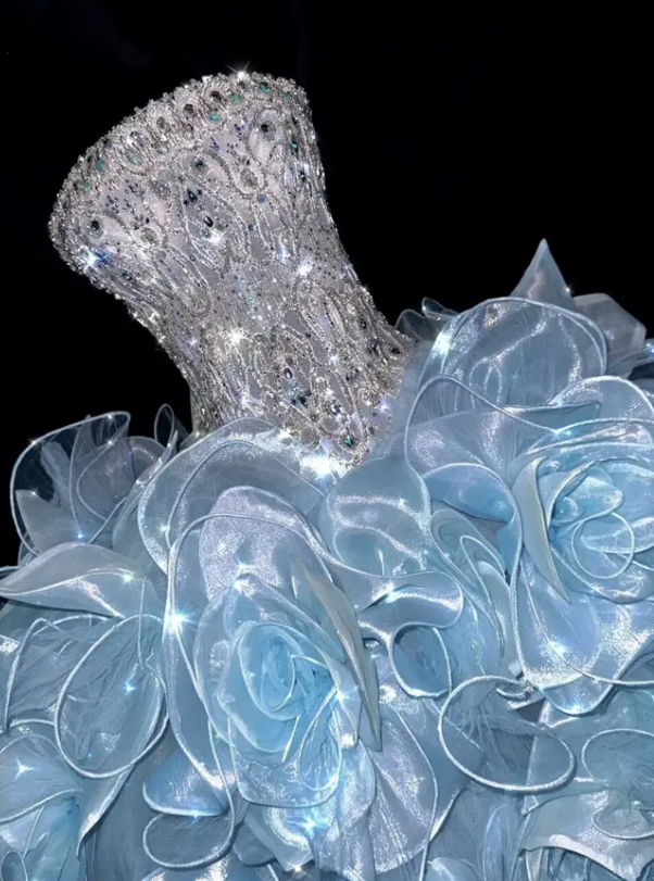 Exquisite Rhinestone Ball Gown Strapless Ruffle Blue Organza Prom Dress Quinceanera Dress SH7163