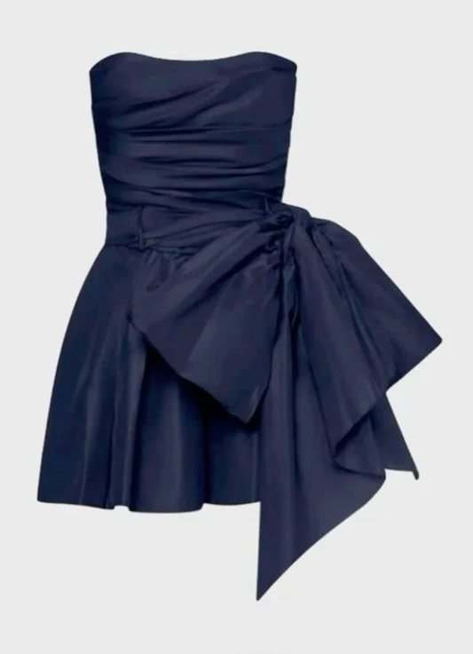 Simple Strapless Navy Blue Short Satin Homecoming Dress Cocktail Dress SH1408