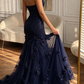 Navy Blue Mermaid Halter Beaded Floral Tulle Prom Dress Evening Dress SH5499