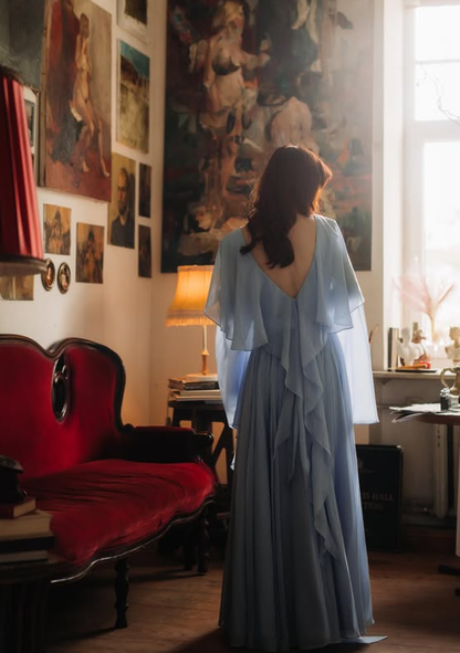 Gentle Sky Blue A Line Long Sleeve Chiffon Prom Dress Evening Dress SH6703