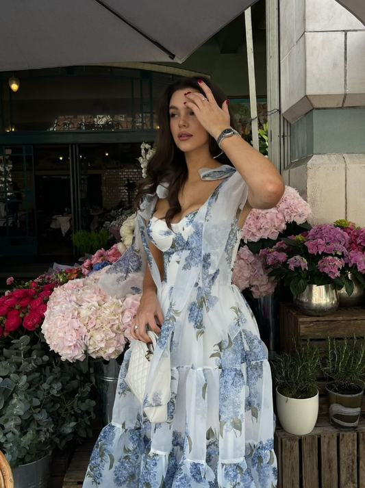 Blue Print Floral A Line Spaghetti Strap Tea Length Chiffon Homecoming Dress Cocktail Dress Outfits SH3564