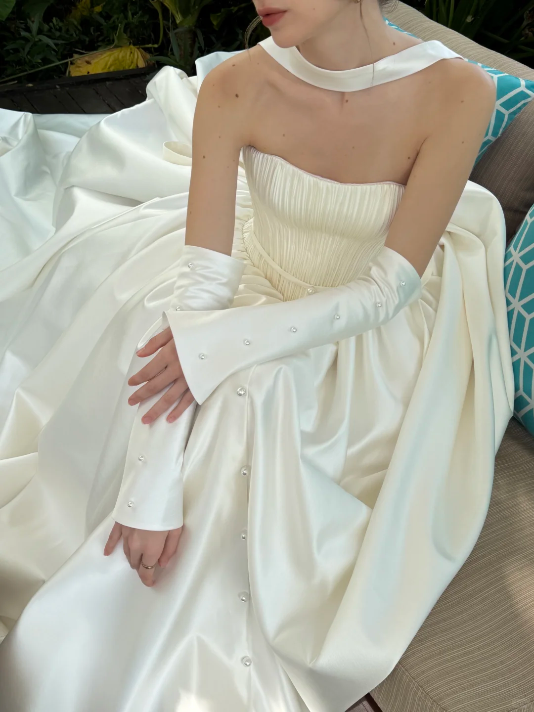 Classic Simple Ball Gown Strapless White Satin Long Sweep Wedding Dress SH5280