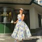 Vintage A Line Round Neck Blue Print Floral Satin Prom Dress Evening Dress SH4251
