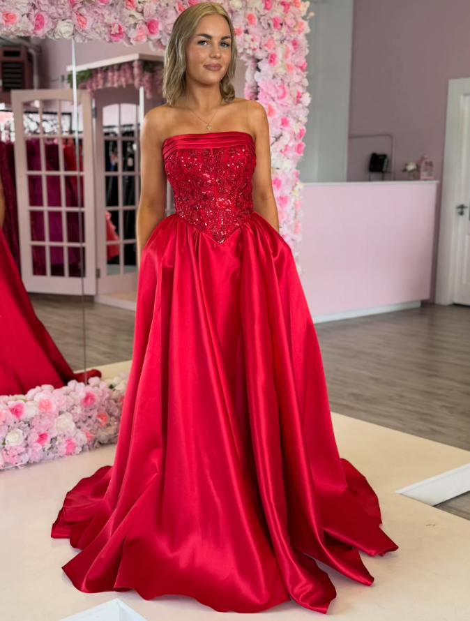 Charming Red A Line Strapless Sequin Satin Long Prom Dress Evening Dress SH6659