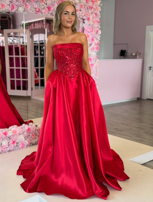 Charming Red A Line Strapless Sequin Satin Long Prom Dress Evening Dress SH6659
