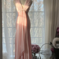 Classy A Line V Neck Beaded Pink Chiffon Satin Long Party Dress Evening Dress SH2937