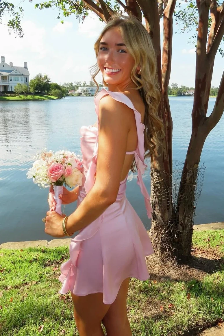Cute Sheath Square Neck Pink Short Homecoming Dress with Backless SH7459