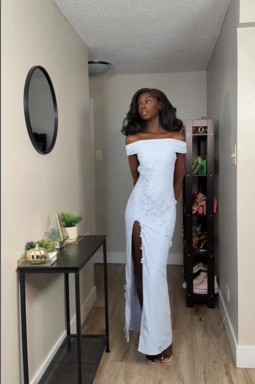 White Sheath Off the Shoulder Floral Satin Prom Dress Evening Dress with Slit SH4768