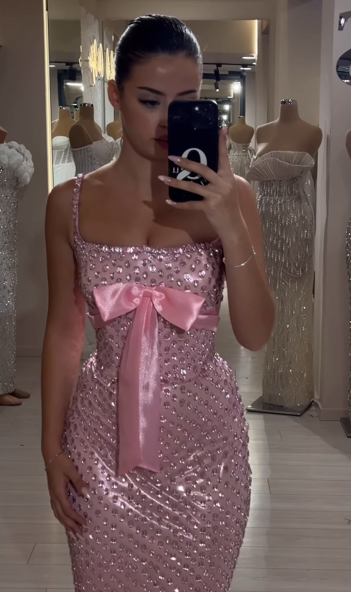 Pink Sheath Spaghetti Strap Exquisite Rhinestone Long Satin Ball Gown Evening Dress Prom Dress SH4824