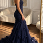 Navy Blue Mermaid Halter Beaded Floral Tulle Prom Dress Evening Dress SH5499