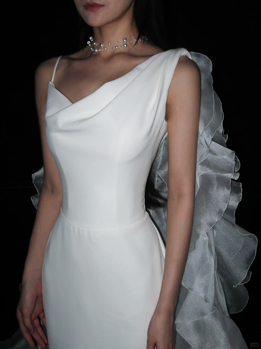 Unique A Line Spaghetti Strap White Ruffle Tulle Satin Long Train Wedding Dress SH8903