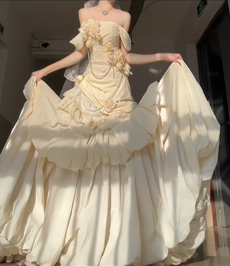 Light Yellow Rose Mermaid Off the Shoulder Pleated Lace Satin Prom Dress Party Dress SH5025