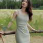 Sage Green Sheath Straps Satin Prom Dress Evening Dress Party Dress SH4219