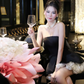 Cute A Line Strapless Black Satin Short Homecoming Dress Outfits SH6232