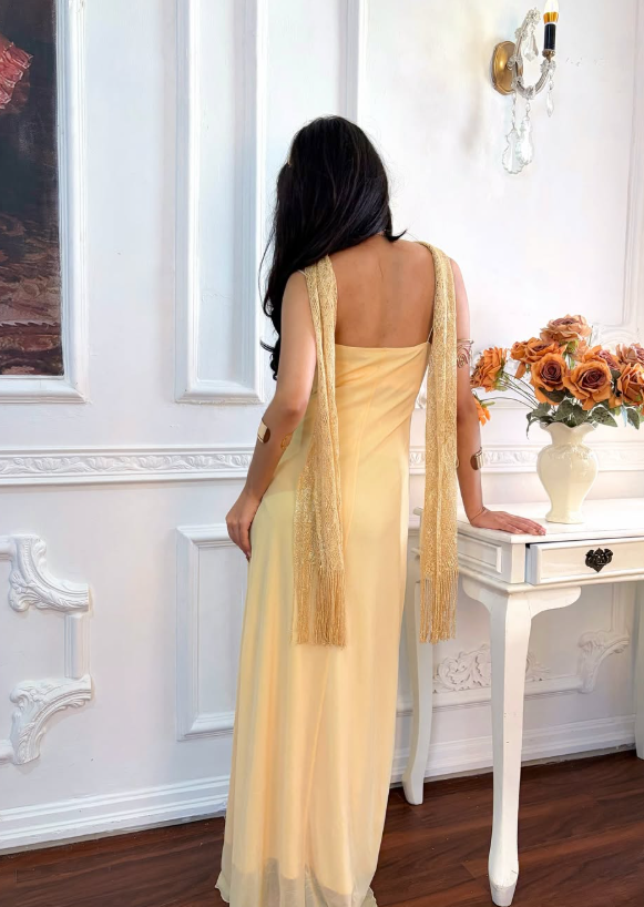 Yellow Vintage A Line Straps Exquisite Beaded Chiffon Prom Dress Graduation Prom Dress SH5489