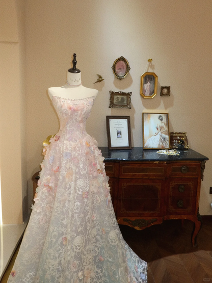Fairy A Line Strapless Pink Floral Lace Long Prom Dress Evening Dress SH7385