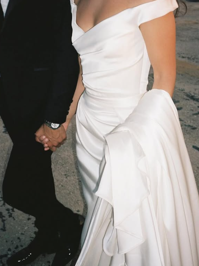 Stunning A Line Off the Shoulder White Satin Long Sweep Wedding Dress SH4857