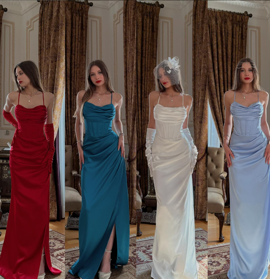 Elegant White Sheath Spaghetti Strap Satin Long Evening Dress Prom Dress SH4829