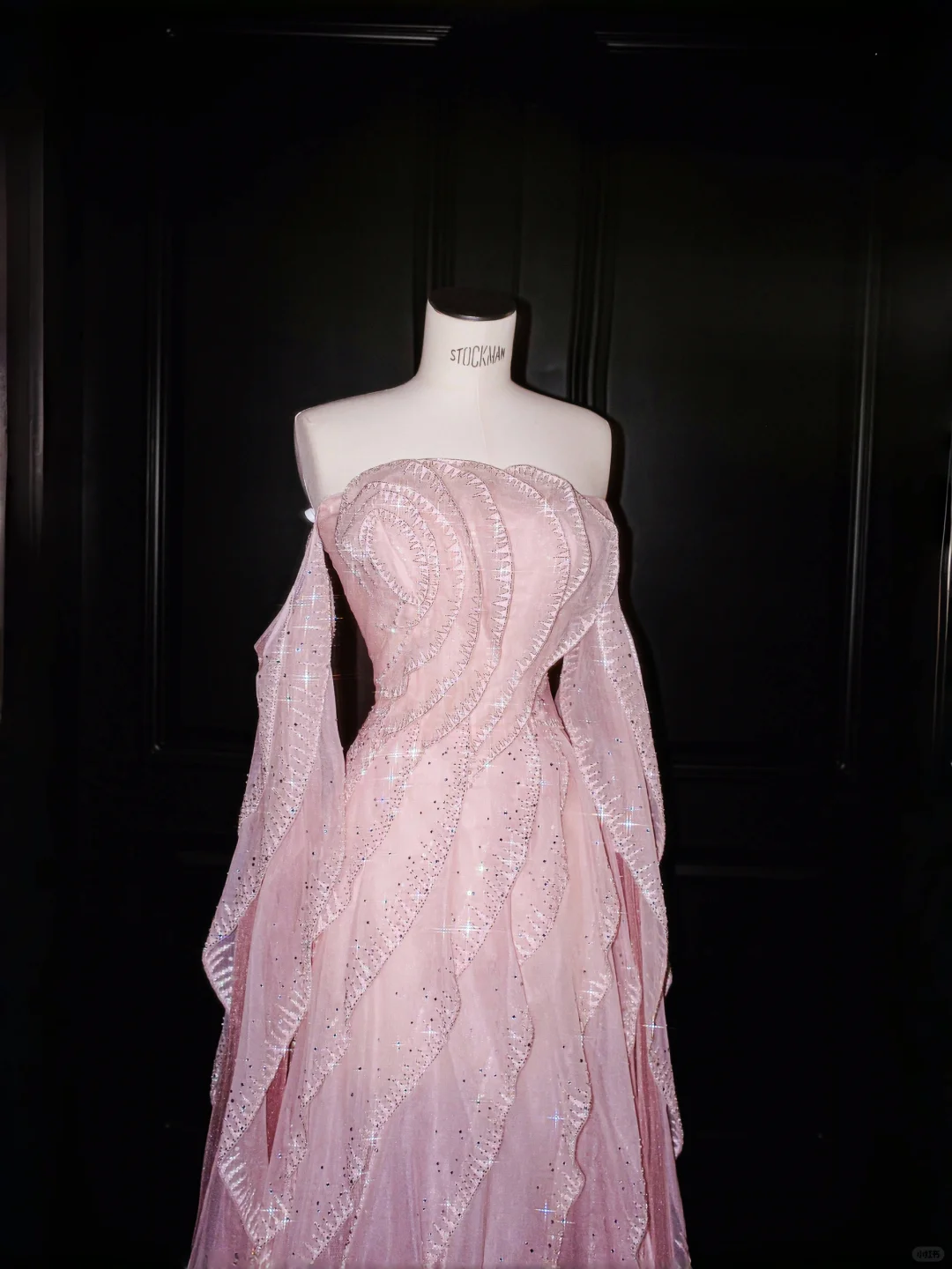 Gentle A Line Off the Shoulder Layered Rhinestone Beaded Pink Organza Long Party Dress SH2927