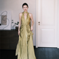 Simple Olive Green A Line V Neck Pleated Satin Prom Dress Party Dresses SH4587