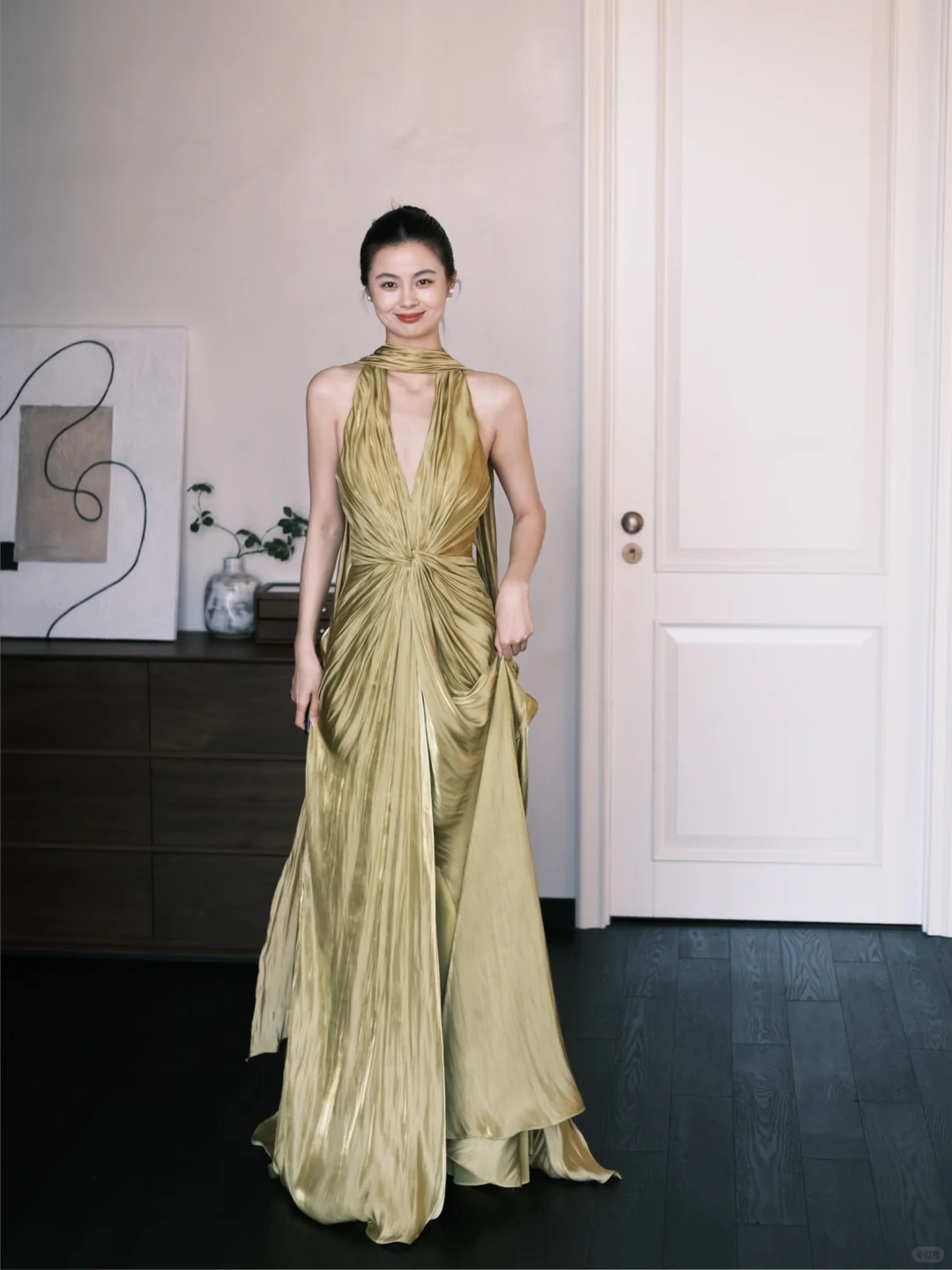 Simple Olive Green A Line V Neck Pleated Satin Prom Dress Party Dresses SH4587