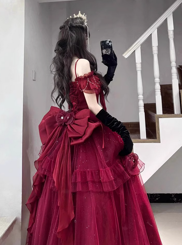 Burgundy Ball Gown Straps Pearls Sequin Tulle Prom Dress 16th Birthday Dress SH4913