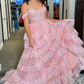 Luxurious A Line Off the Shoulder Corset Pink Lace Layered Tulle Prom Dress Evening Dress SH6366