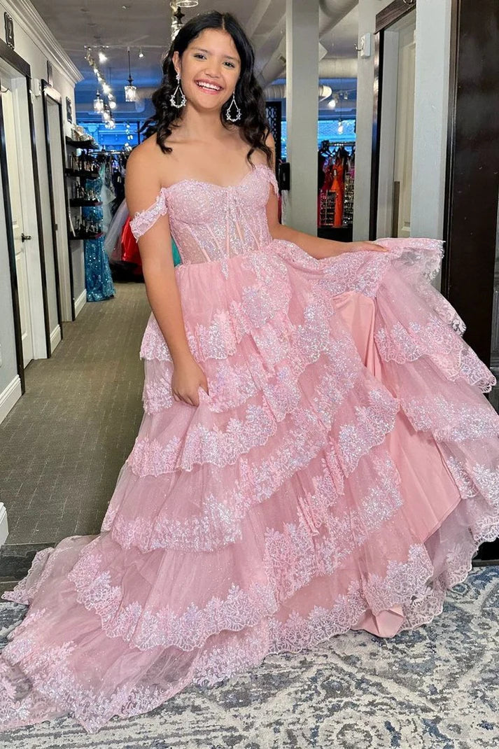Luxurious A Line Off the Shoulder Corset Pink Lace Layered Tulle Prom Dress Evening Dress SH6366
