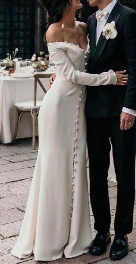 Elegant A Line Long Sleeve White Satin Long Prom Dress Wedding Dress SH8241