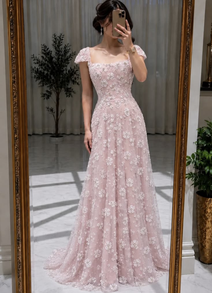 Light Pink A Line Square Neck Exquisite Floral Tulle Long Prom Dress Evening Dress SH8335