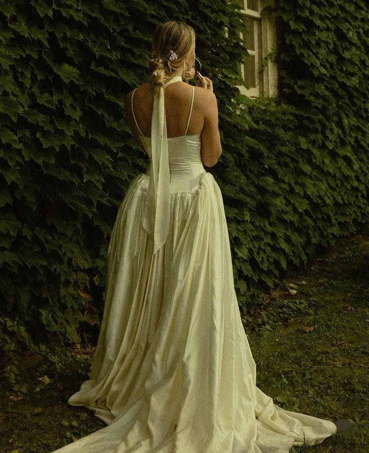 Simple Retro A Line Spaghetti Strap Satin Long Wedding Dress SH5951
