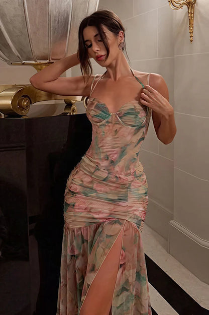 Sexy Print Floral Mermaid Straps Chiffon Prom Dress Evening Dress with Slit SH5766