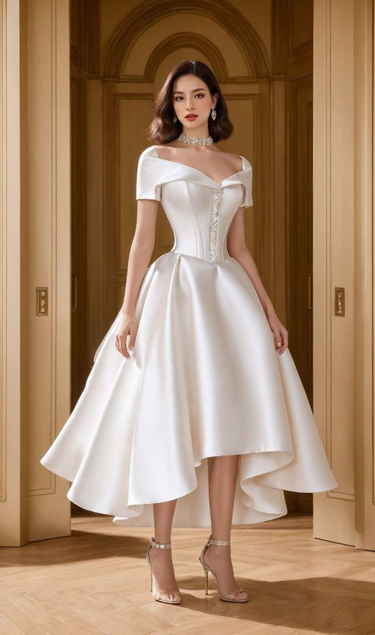 Classic A Line Short Sleeve White Satin Homecoming Dress Birthday Dress SH4355